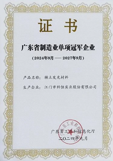 广东省制造业单项冠军荣誉